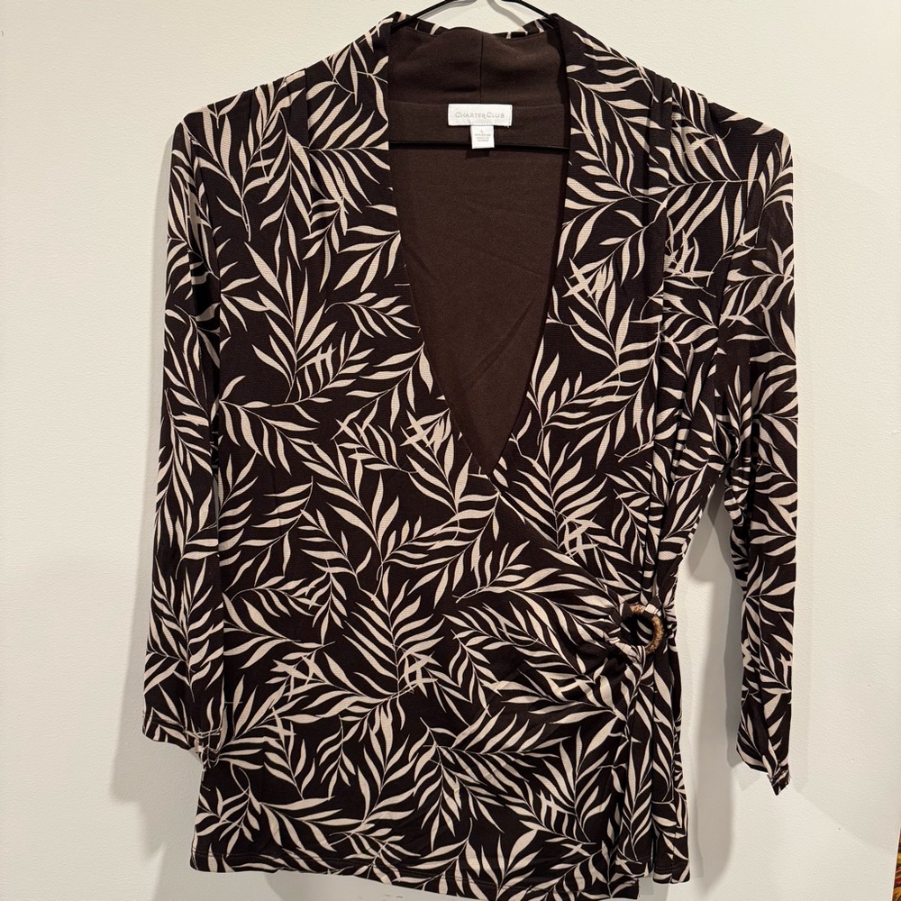 Charter Club Brown and Cream Leaf Print Wrap Top